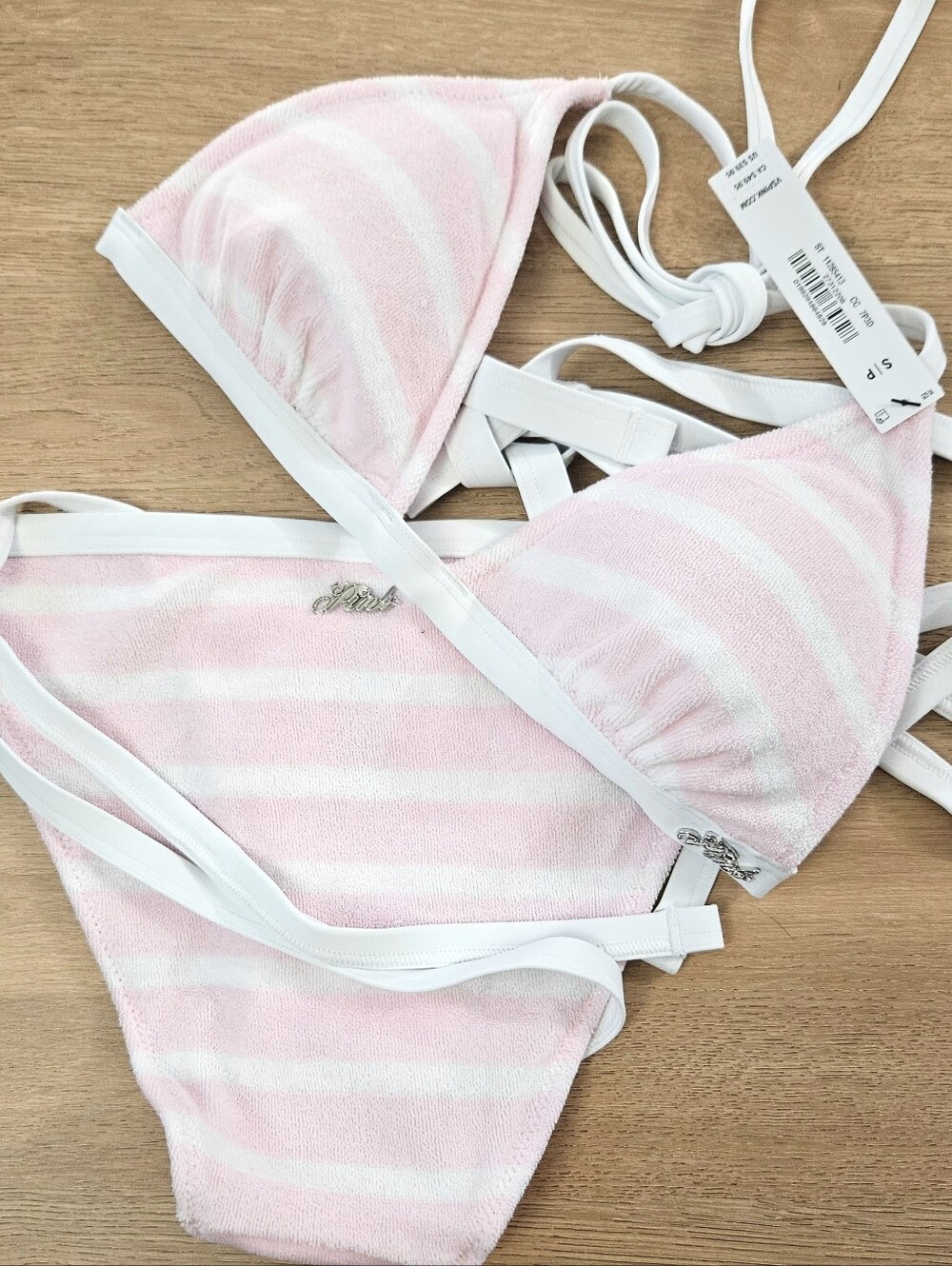 PINK Swim Set Pink & White Stripes Bikini Triangle Top & Low Rise Cheeky Bottom